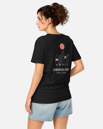 Female Model posing with a black t-shirt