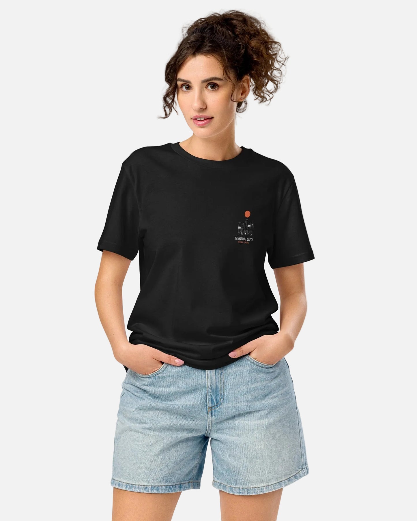 Model posing with black t-shirt