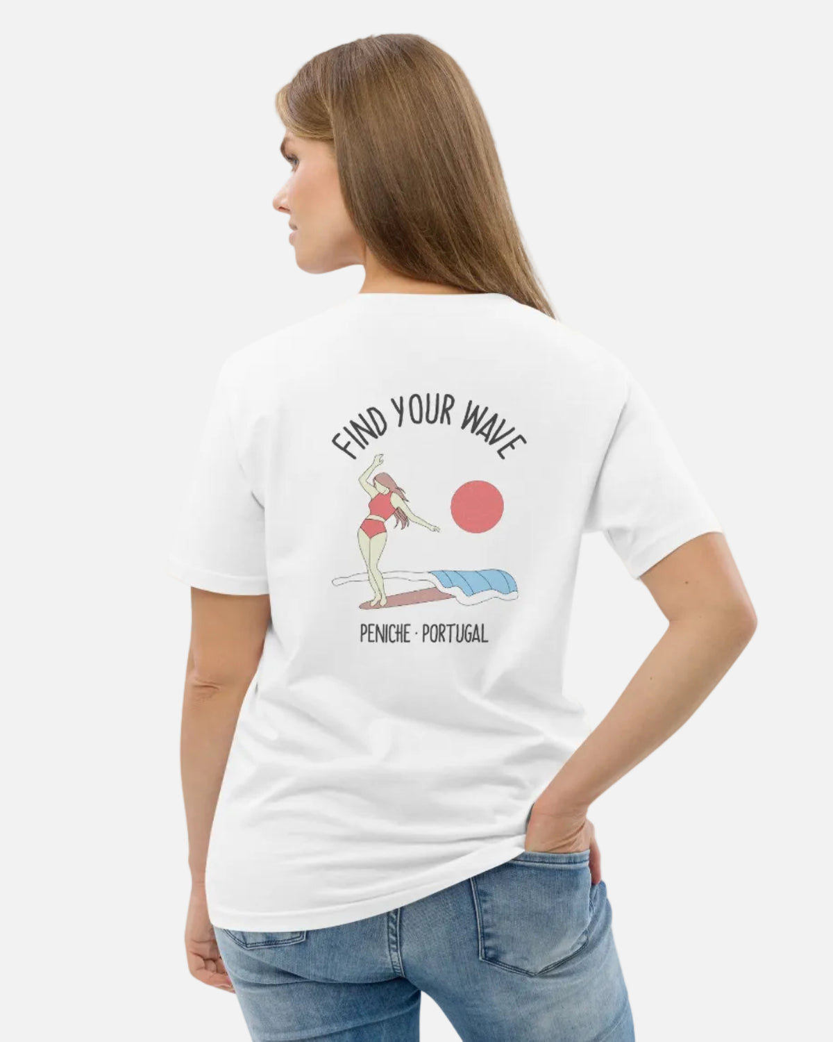 Sandbreese Find Your Wave white T-shirt worn by a woman, back view
