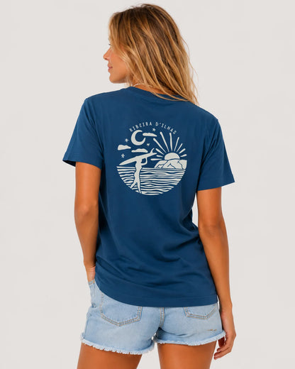 Sandbreese Ribeira d’Ilhas deep teal T-shirt worn by a woman, back view