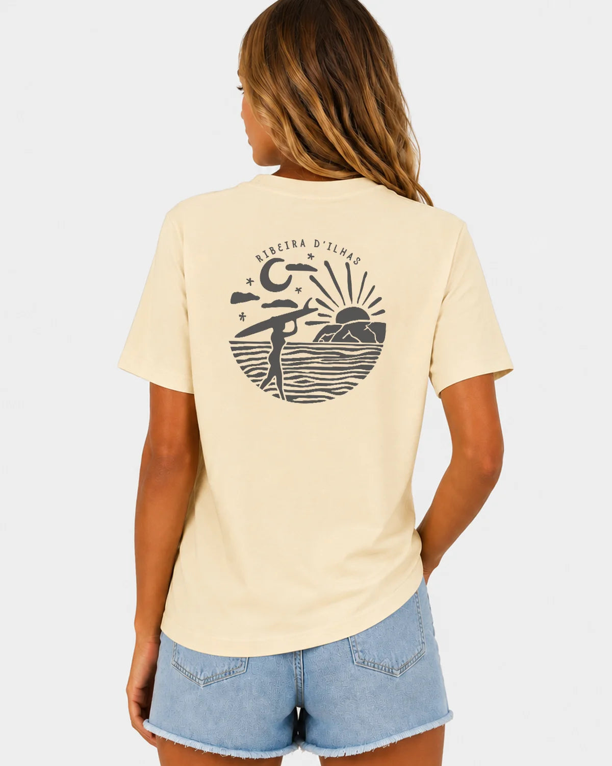 Sandbreese Ribeira d’Ilhas Honey Paper T-shirt worn by a woman, back view