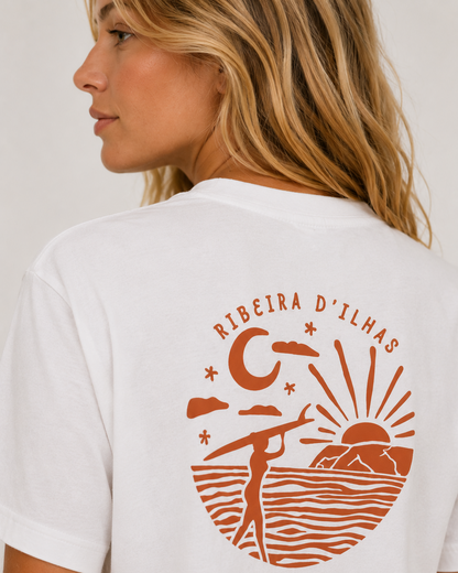 Close-up of the Sandbreese Ribeira d’Ilhas graphic on a white T-shirt