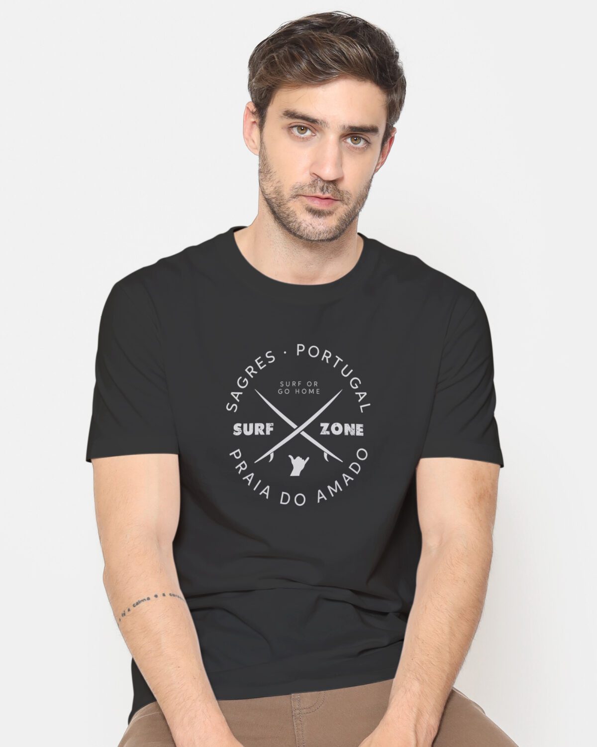 Algarve Portugal surfboard graphic printed on Crossed Amado T-shirt