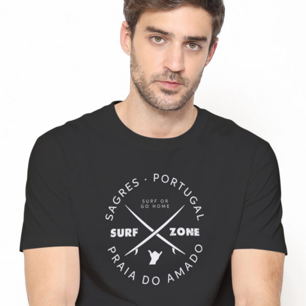 Algarve Portugal surfboard graphic printed on Crossed Amado T-shirt