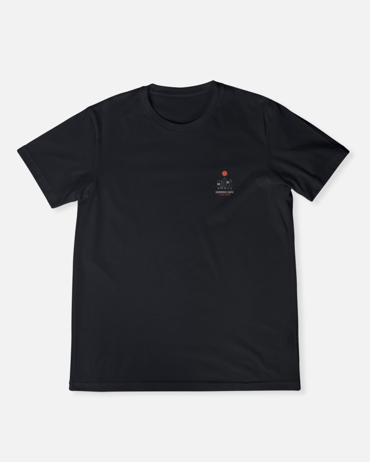 Somewhere South T-shirt with minimalist surfboards and sun over Praia da Arrifana Algarve
