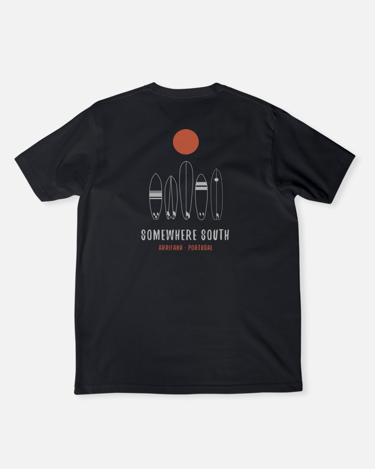 Somewhere South T-shirt with minimalist surfboards and sun over Praia da Arrifana Algarve