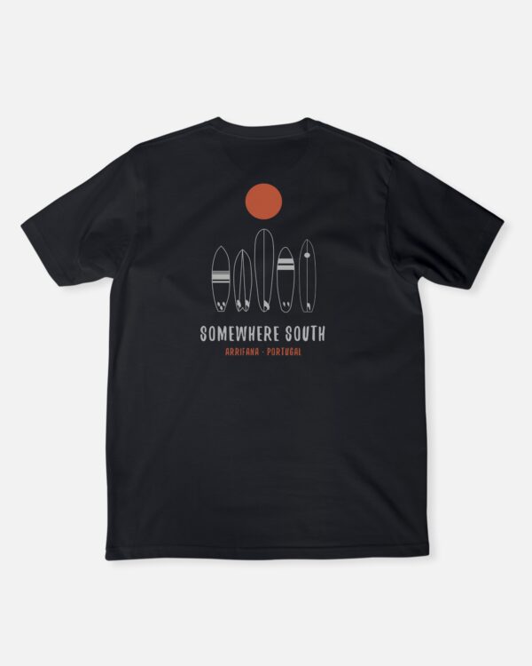 Somewhere South T-shirt with minimalist surfboards and sun over Praia da Arrifana Algarve