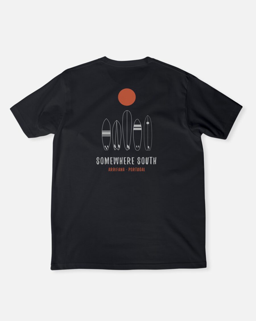 Somewhere South T-shirt with minimalist surfboards and sun over Praia da Arrifana Algarve