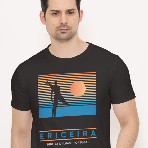 Ribeira Ericeira T-shirt with illustration of surfer statue at sunset Portugal