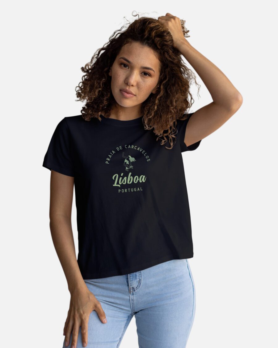Women’s T-shirt with Carcavelos Beach Lisbon Portugal surf and sun illustration