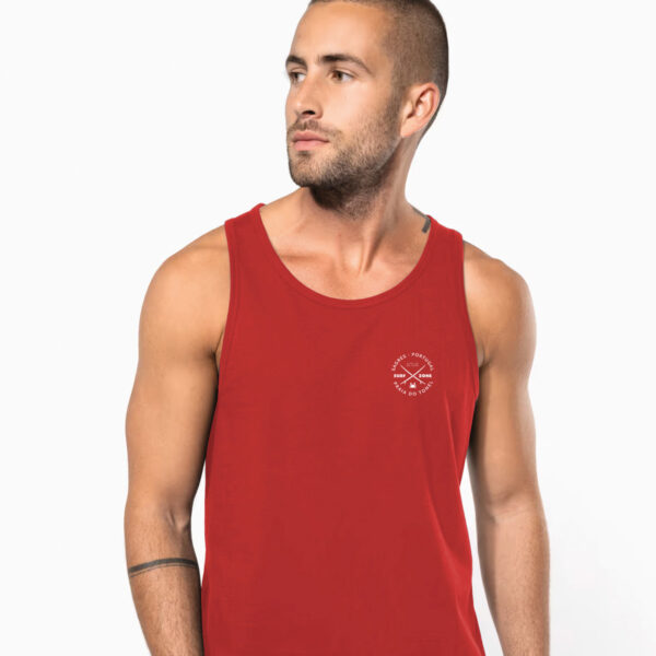 Women’s red tank top with crossed-back design inspired by Tonel beach.