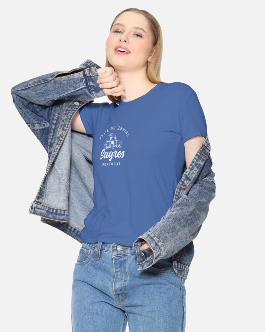Colorful Crayola-inspired women’s T-shirt featuring Zavial Beach, Sagres, Portugal. Soft, breathable fabric with a flattering fit – perfect for summer beach days or casual coastal style.