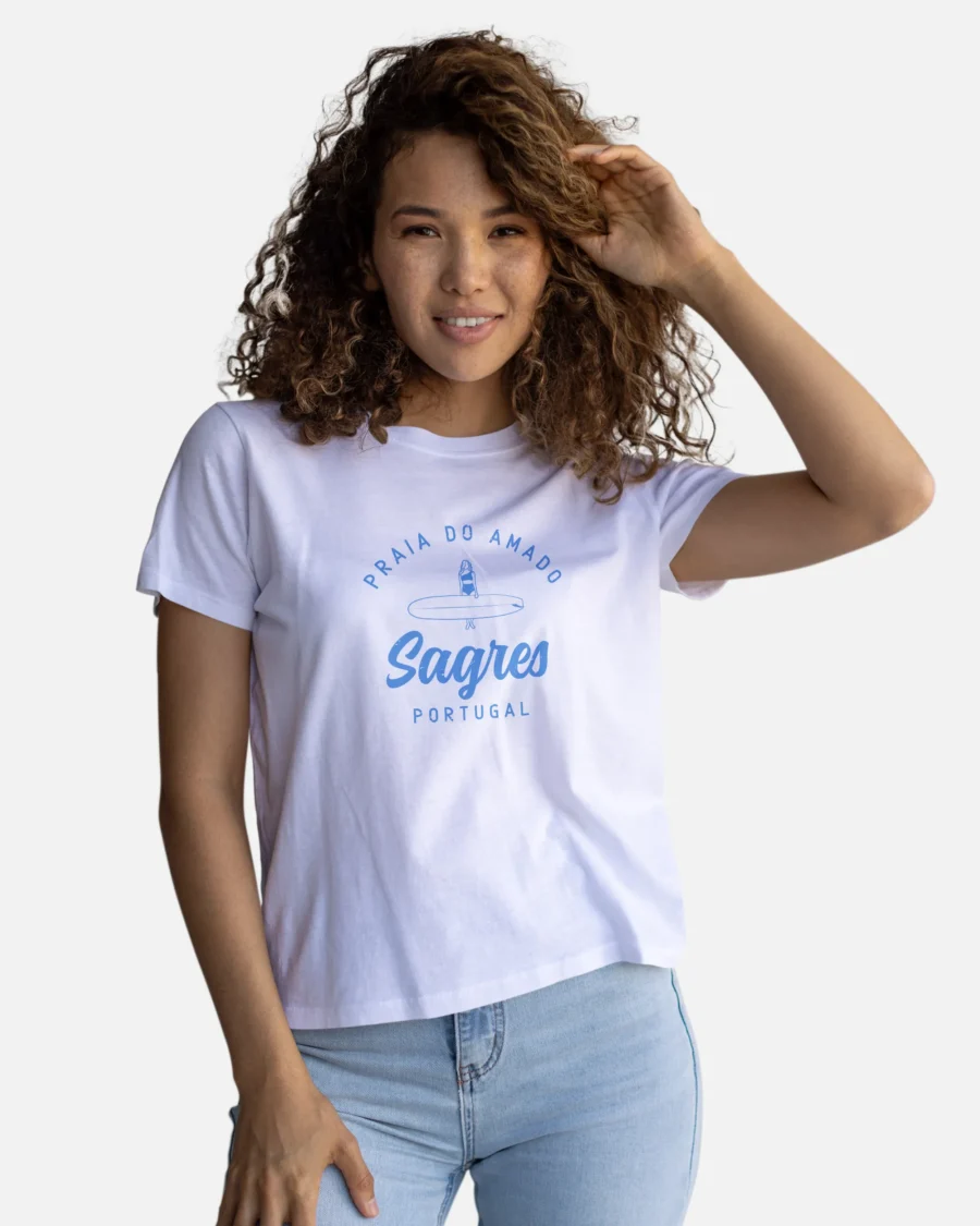 Model of a Amado Beach White with Blue Graphic Tshirt
