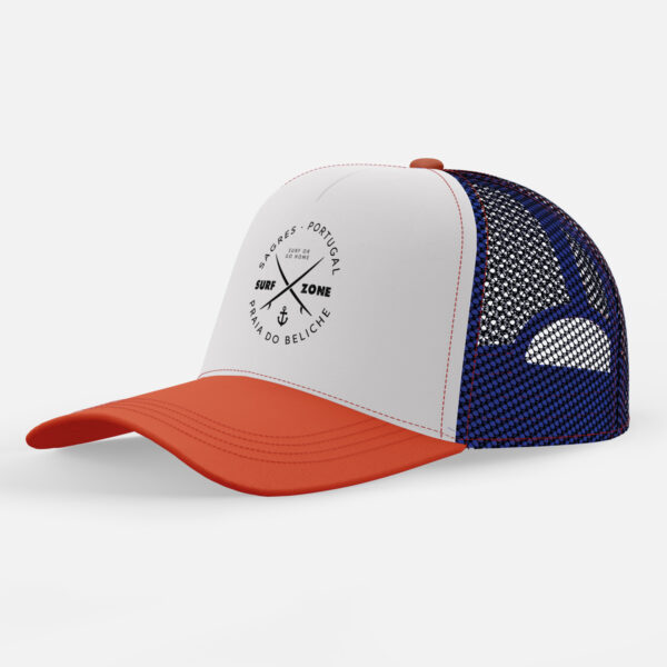 Unisex navy and red two-tone cap with minimalist Beliche coastal design.
