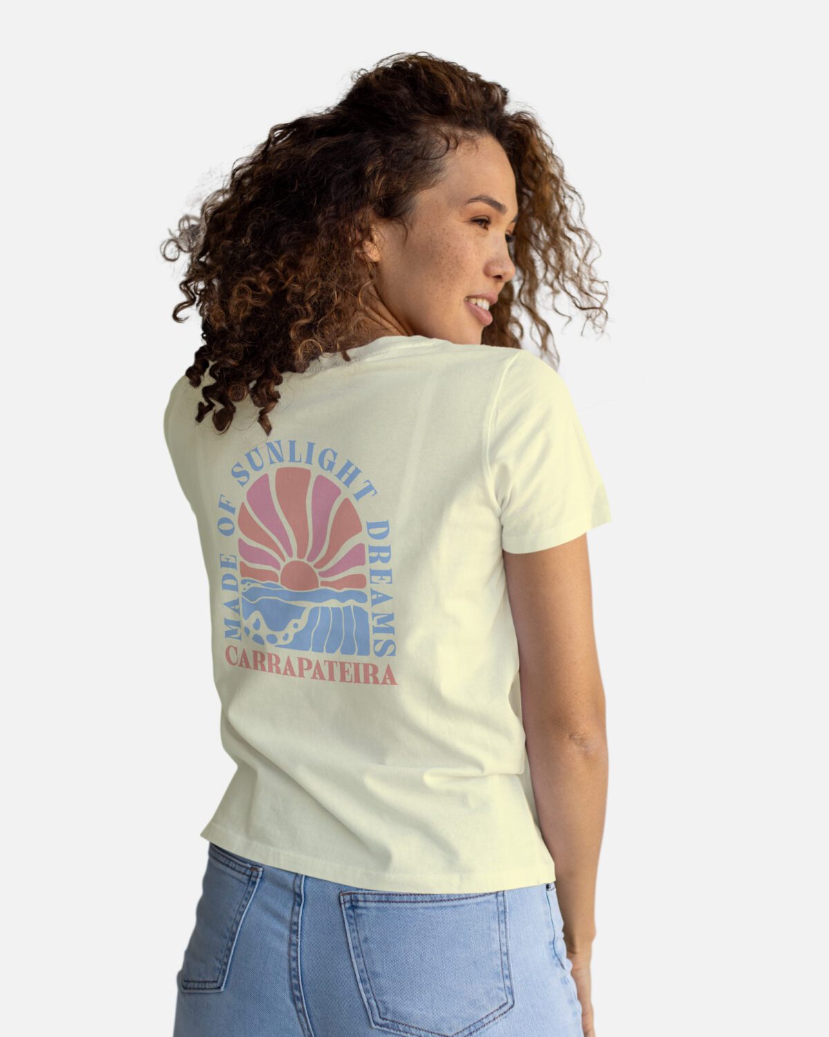 Women’s coastal-style T-shirt with sunray graphic inspired by Carrapateira.