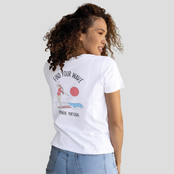 Soft women’s T-shirt in white featuring the “Your Wave” design, inspired by Peniche, Portugal. Breathable fabric with a flattering fit – perfect for beach days, surf trips, or casual summer wear.