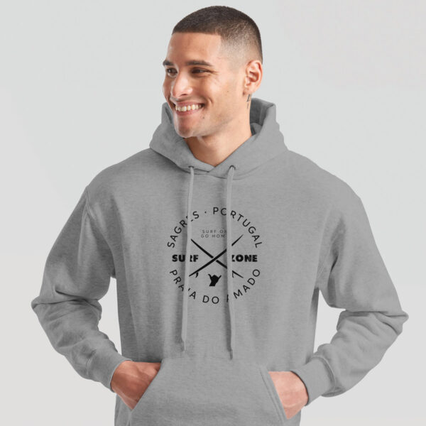 Coastal-style hoodie inspired by Amado Beach with minimalist surf design.