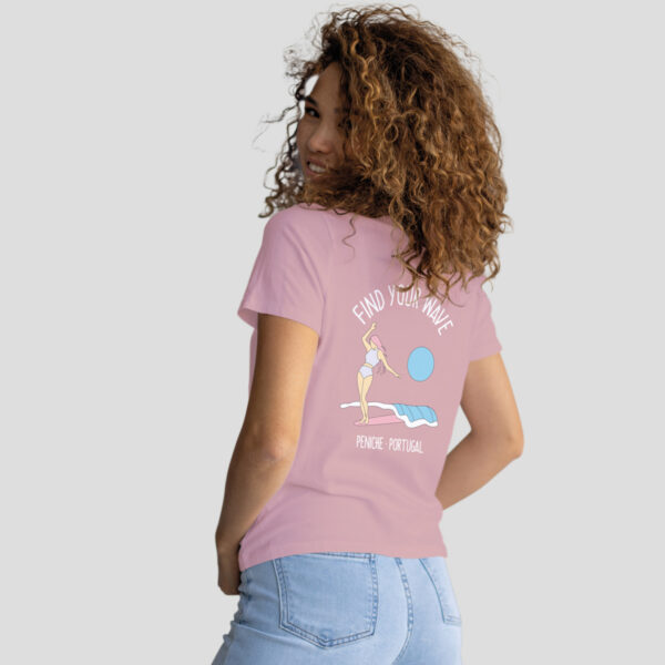 Soft women’s T-shirt in flamingo color featuring the “Your Wave” design, inspired by Peniche, Portugal. Breathable fabric with a flattering fit – perfect for beach days, surfing trips, or casual summer wear.